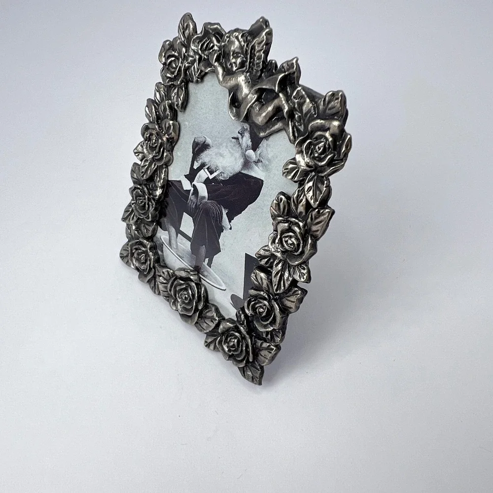Vintage Mini Picture Frame Silver Rose Cherub Small Pewter Tone Floral Decor